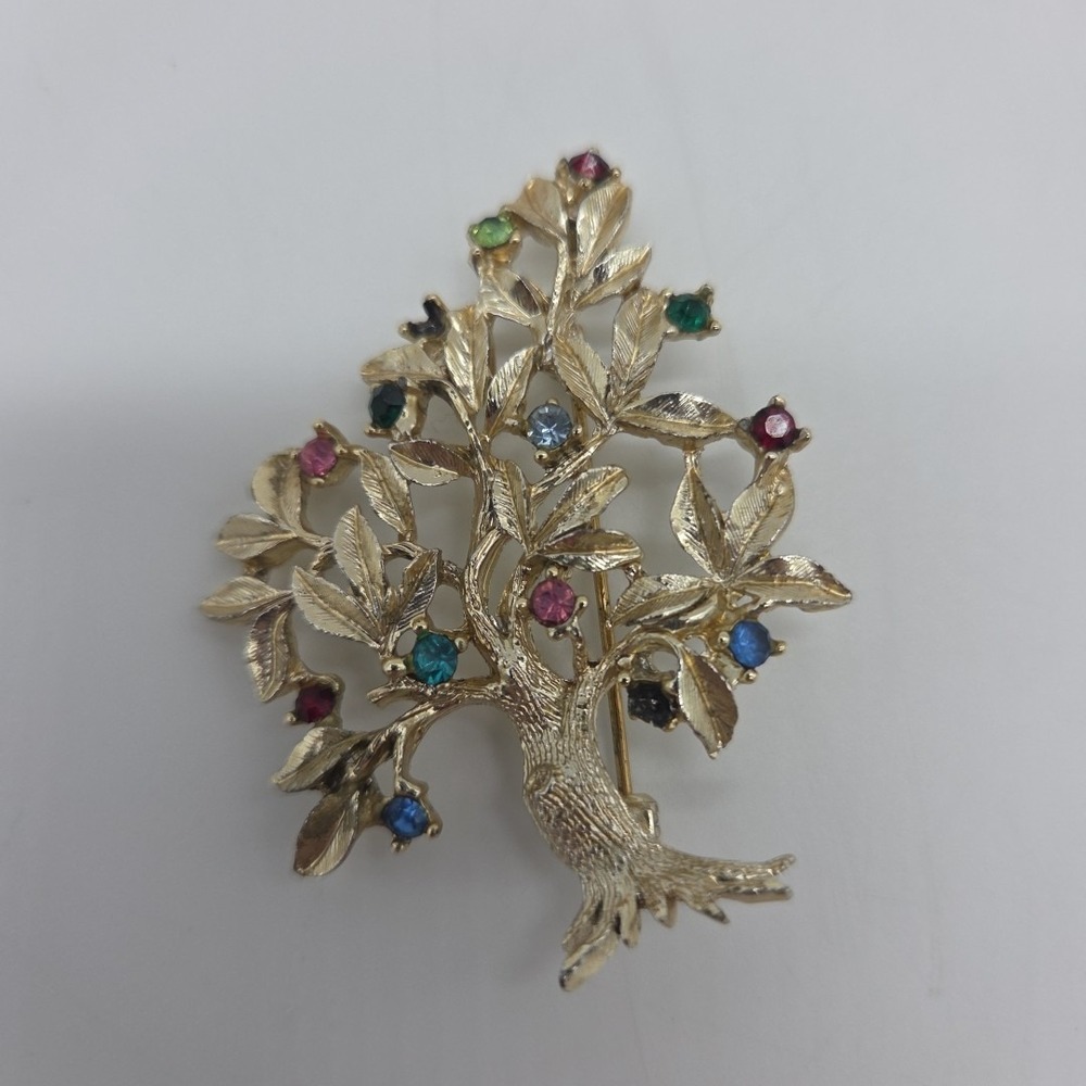 Dodds Signed Silver Tone Multicolor Rhinestone Tree Of Life Pin Brooch *READ*